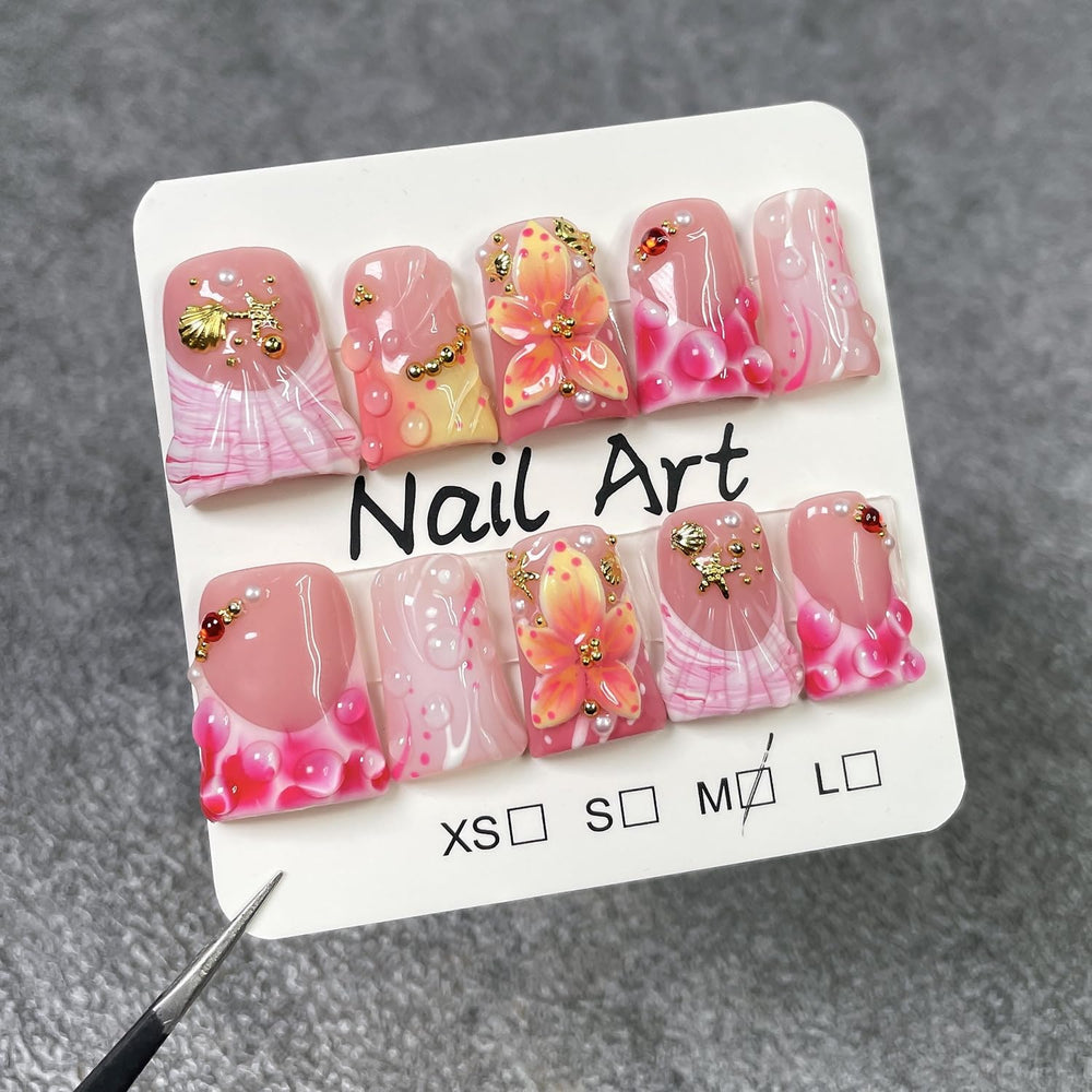 Handemade nails gradient flower design for day-to-night style.