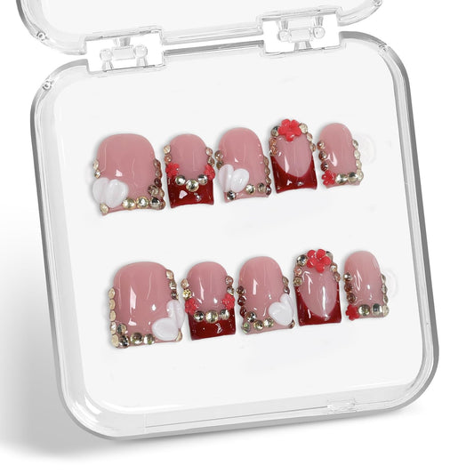 Handmade press-on nails with red French tip for elegant daily wear.