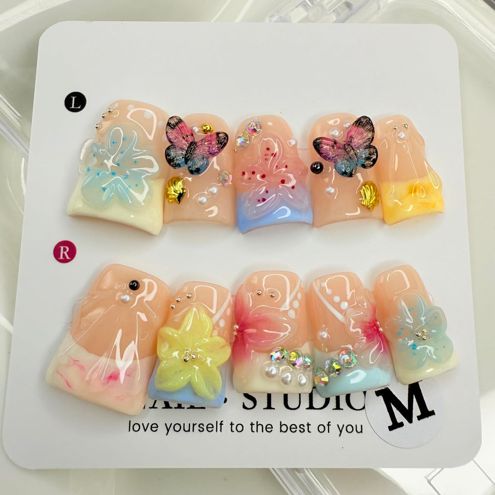 Pearl-colored acrylic full-cover nails offering durable shine.