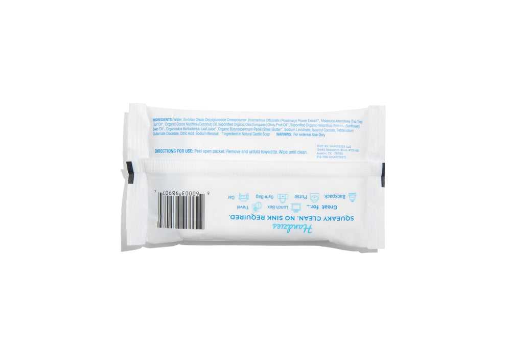 Handzies castile soap towelettes offer natural cleansing without harsh scent.