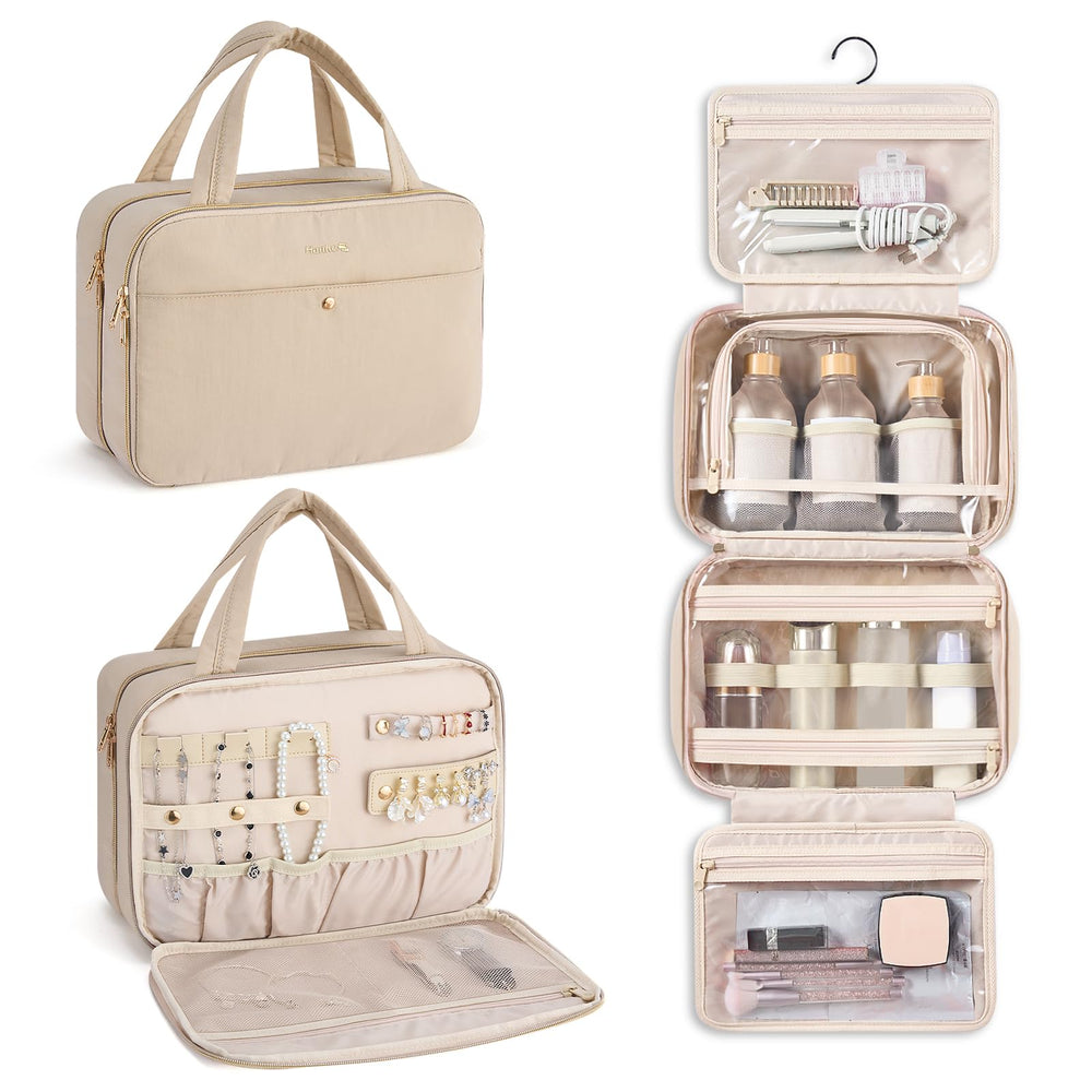 Hanke apricot hanging travel toiletry bag overview with organized compartments