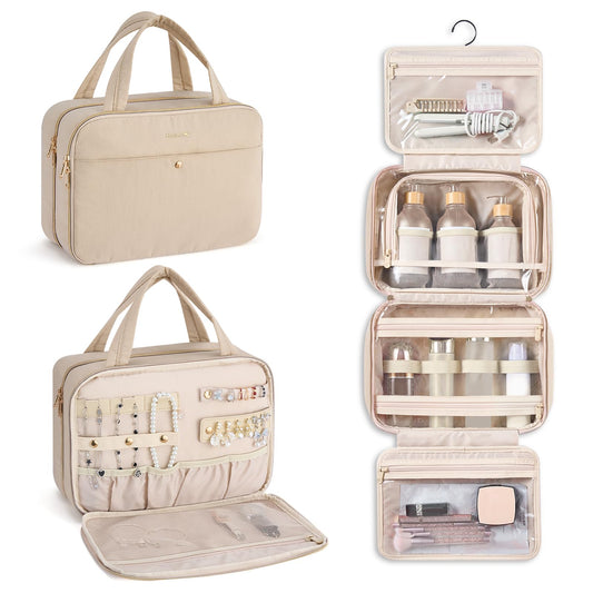 Hanke apricot hanging travel toiletry bag overview with organized compartments