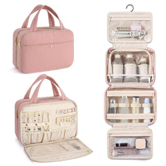 Hanke hanging travel toiletry bag pink front view illustrates organized storage on the go.