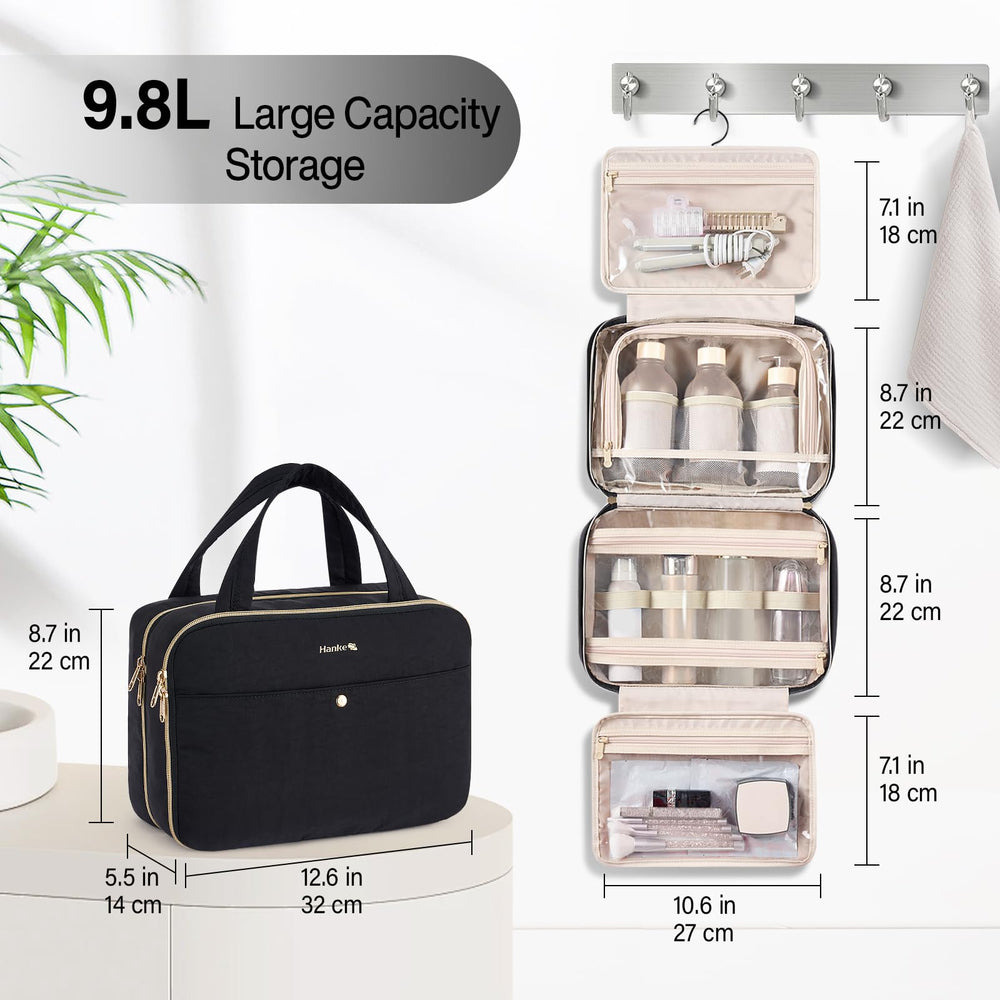 Hanke travel essentials bag features water-resistant fabric for cosmetics.