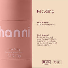 HANNI Fatty Stick eco-packaging with PCR bottle emphasizes sustainability.
