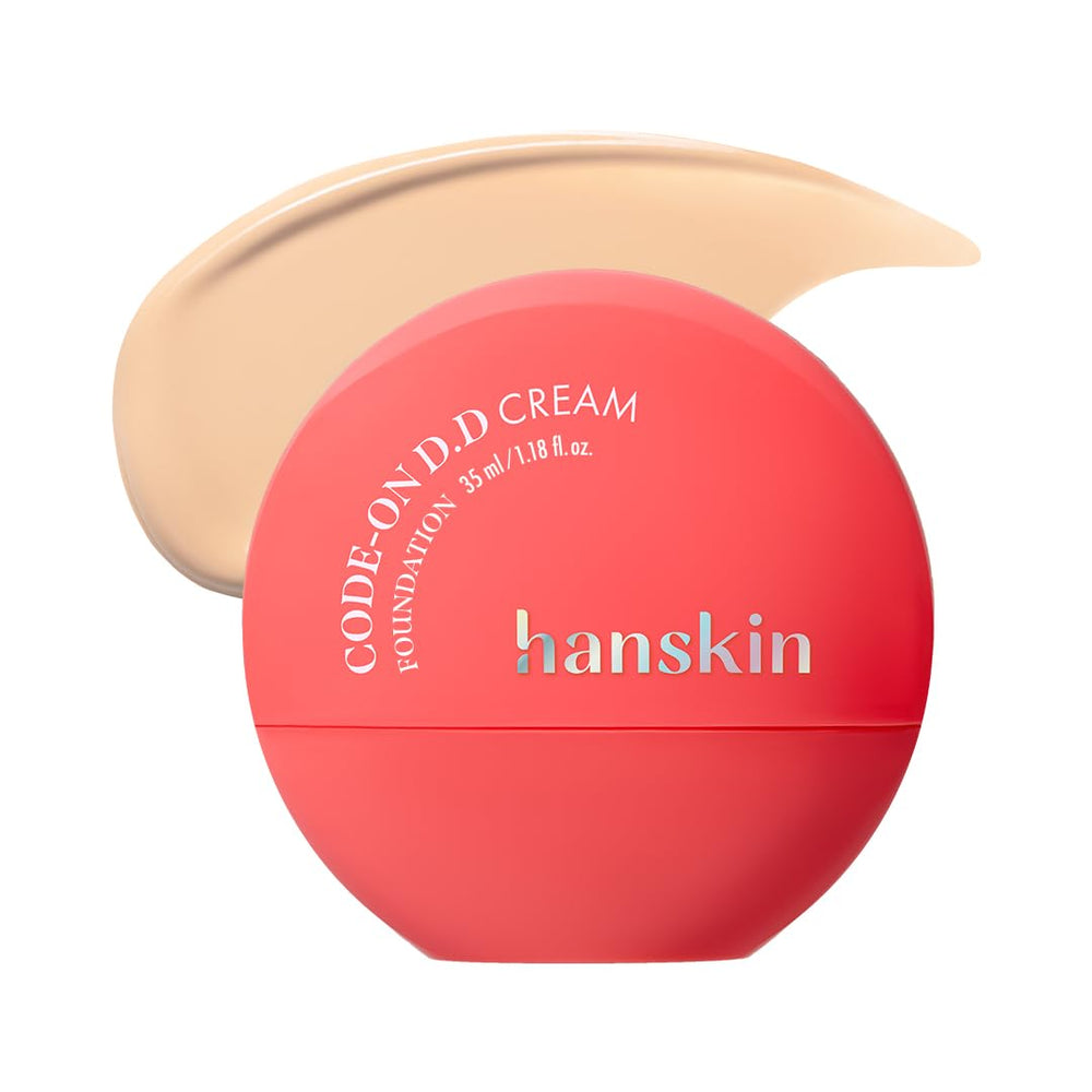 Hanskin DD Cream Foundation bottle closeup highlights pore-smoothing coverage