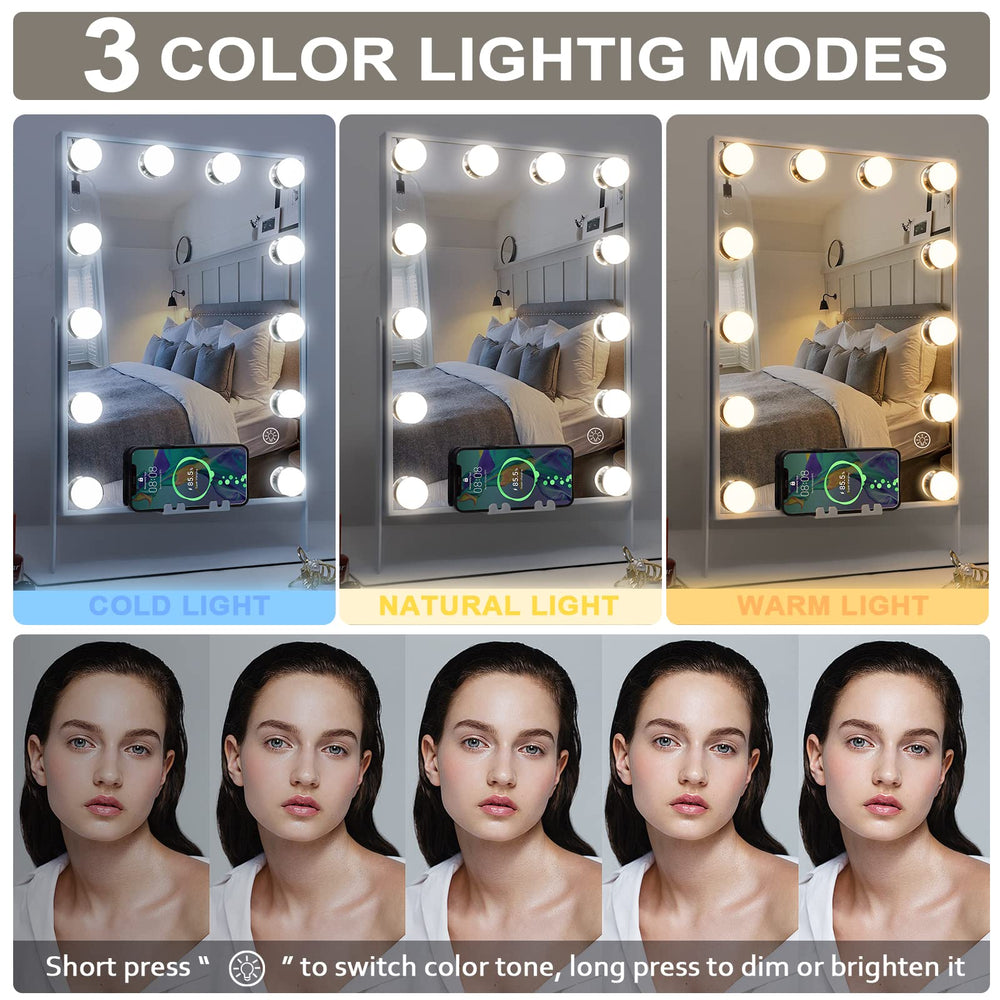 Hansong vanity mirror showing three color lighting modes for different times of day