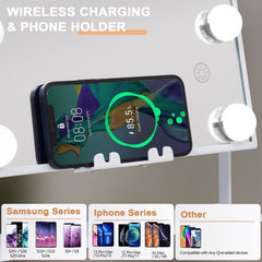 Hansong vanity mirror with wireless charging and phone holder in use
