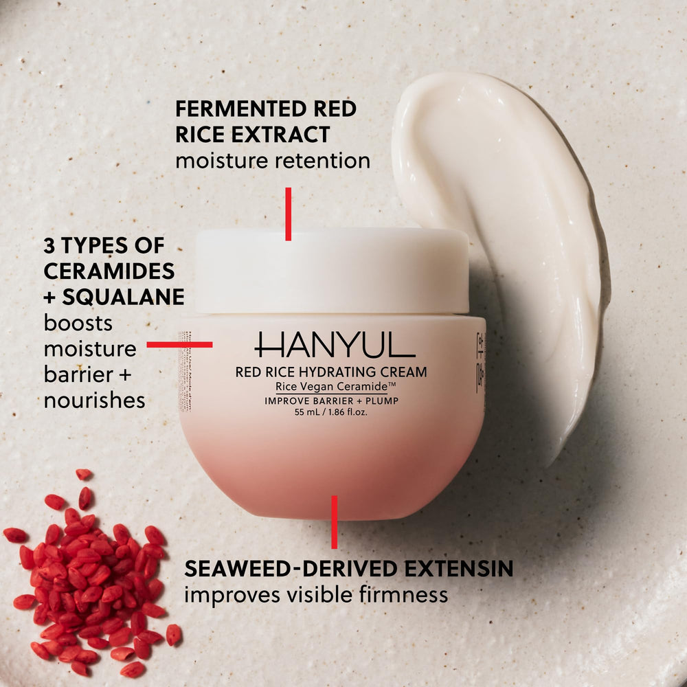 HANYUL Red Rice Hydrating Cream jar shows rich texture for moisturized skin.