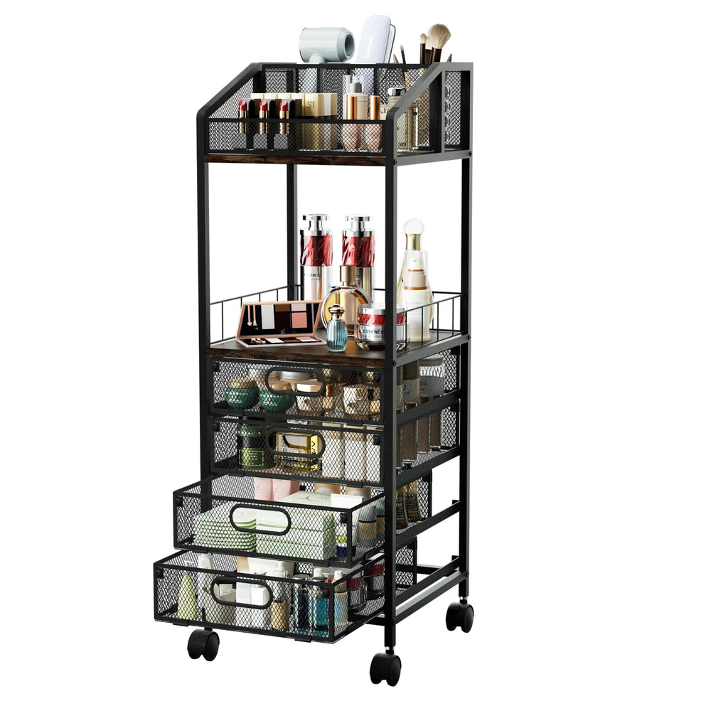 HapiRm makeup cart top compartments organize brushes and perfumes for quick access