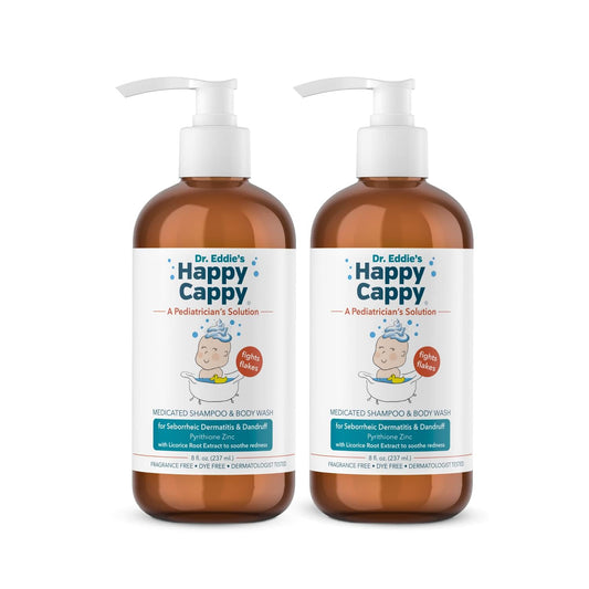 Happy Cappy medicated shampoo bottle highlights fragrance-free formula for sensitive baby skin.