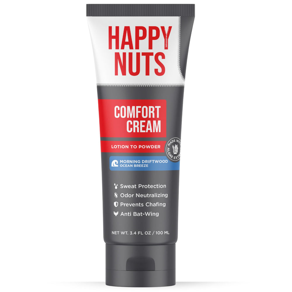 Happy Nuts Comfort Cream Deodorant bottle with Morning Driftwood scent for all-day freshness