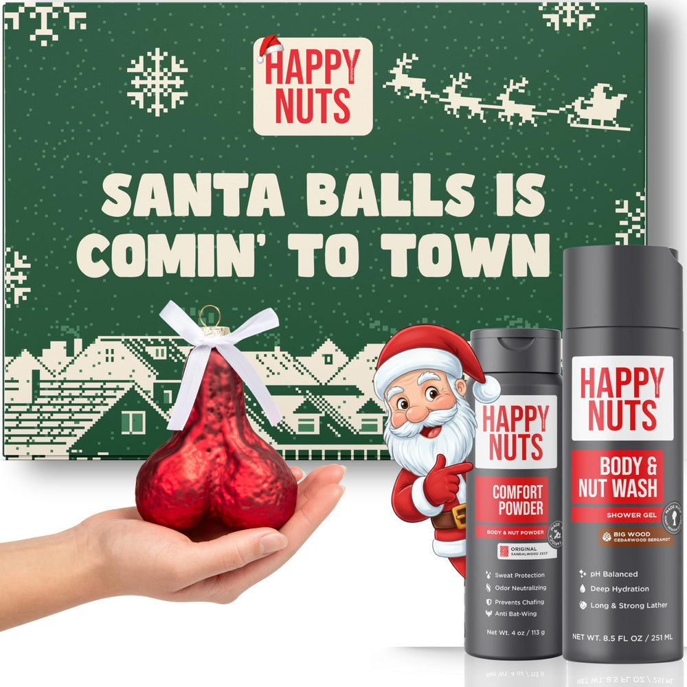 Happy Nuts comfort powder tub keeps skin dry and comfortable.