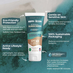 Happy Ocean SPF 45 sunscreen for body with non-greasy feel, ideal for all-day wear.