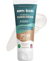 Happy Ocean SPF 45 face sunscreen close-up bottle showing fragrance-free protection for sensitive skin.