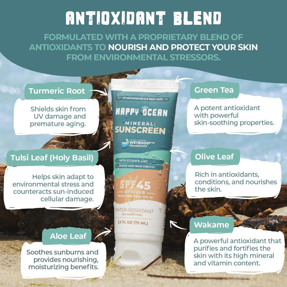 Happy Ocean SPF 45 non-nano zinc oxide badge highlighting mineral-based coverage.