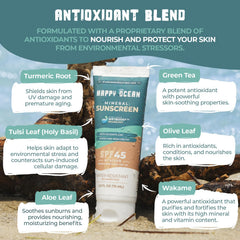 Happy Ocean SPF 45 non-nano zinc oxide badge highlighting mineral-based coverage.