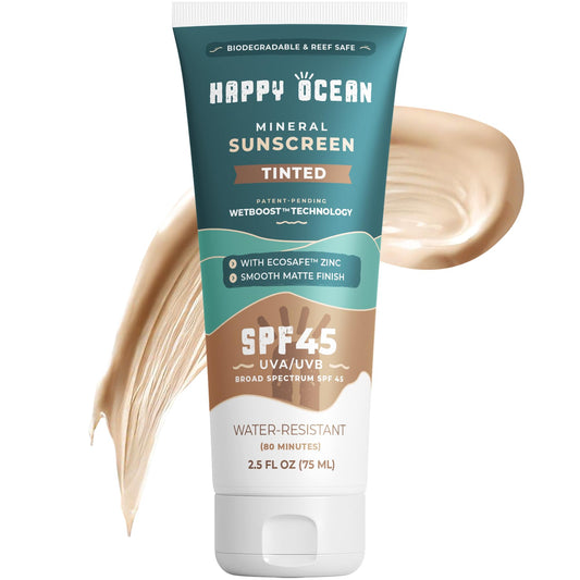 Happy Ocean SPF 45 tinted mineral sunscreen for the face bottle provides light daily coverage.