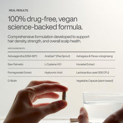 Pouring capsules from a Harklinikken bottle for consistent daily routine.