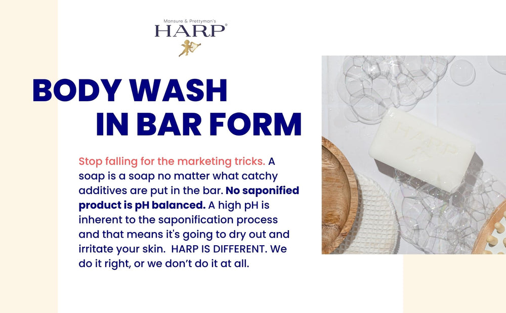 HARP fragrance-free body wash bar non-comedogenic and rinse-clean formula.