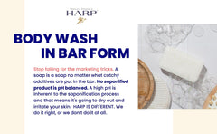 HARP fragrance-free body wash bar non-comedogenic and rinse-clean formula.