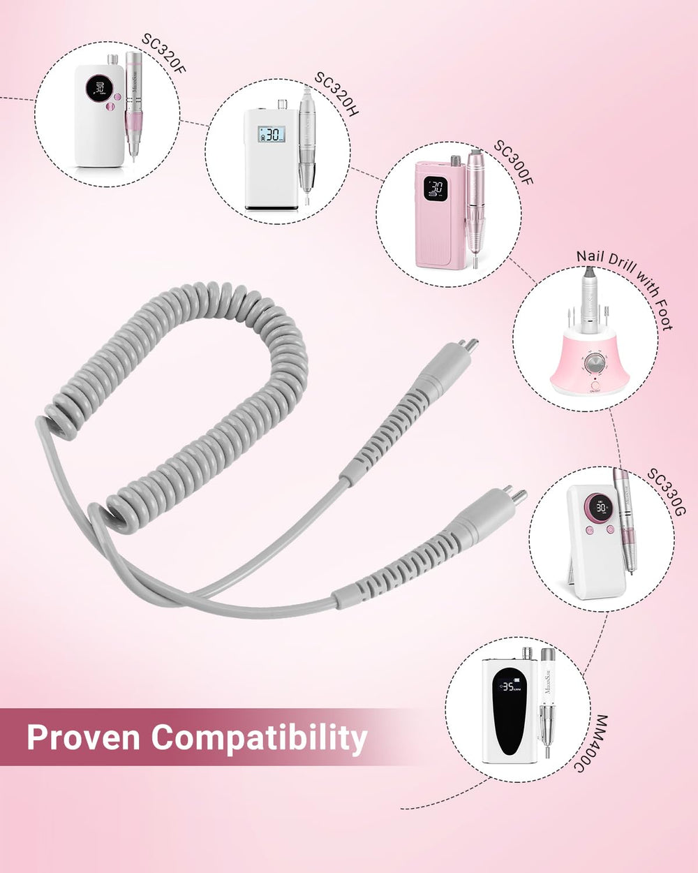 Hasakhi nail drill cord with 2-pin connector ready for quick replacement.