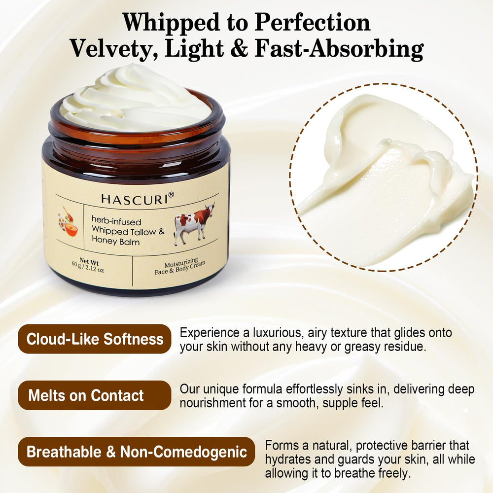 HASCURI balm texture close-up highlights whipped, easy spread for daily use.