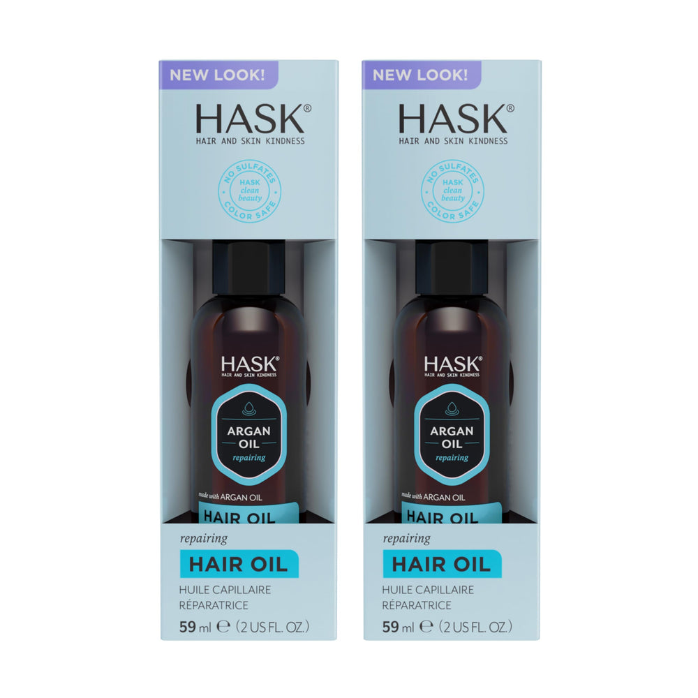 HASK Argan Repairing Hair Oil pump bottle highlights two-pack for shine
