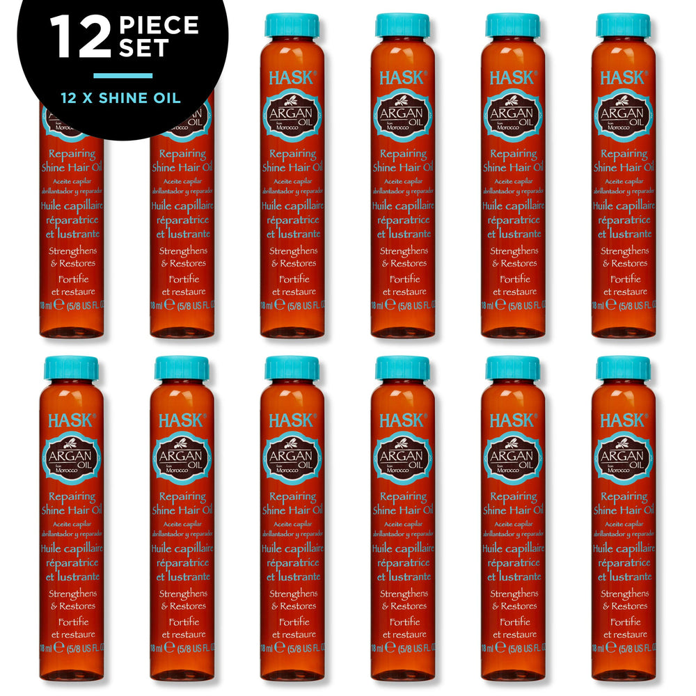 HASK Argan Repairing Hair Oil shine vial enabling on-the-go frizz control.