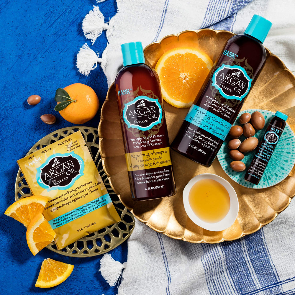 HASK 12-pack travel vials keep hair care on the go with shine.