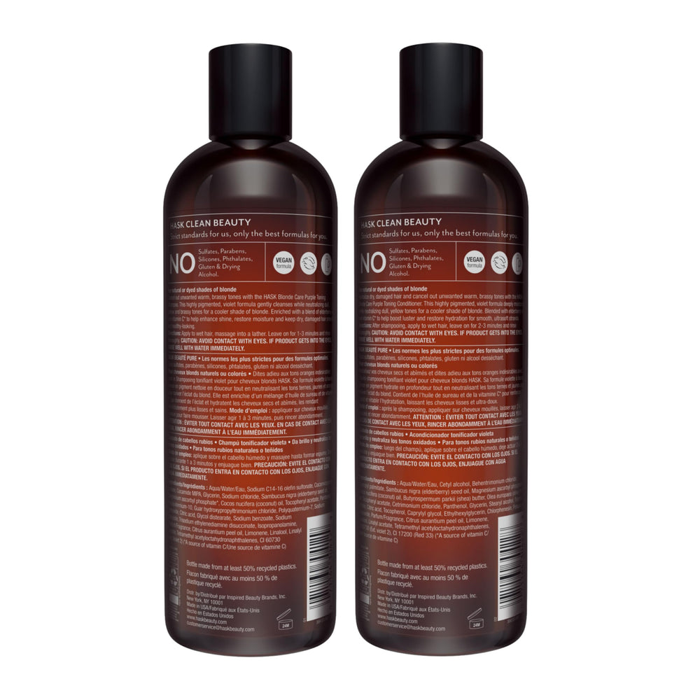 Display of dual HASK bottles illustrating a simple at-home blonde care routine
