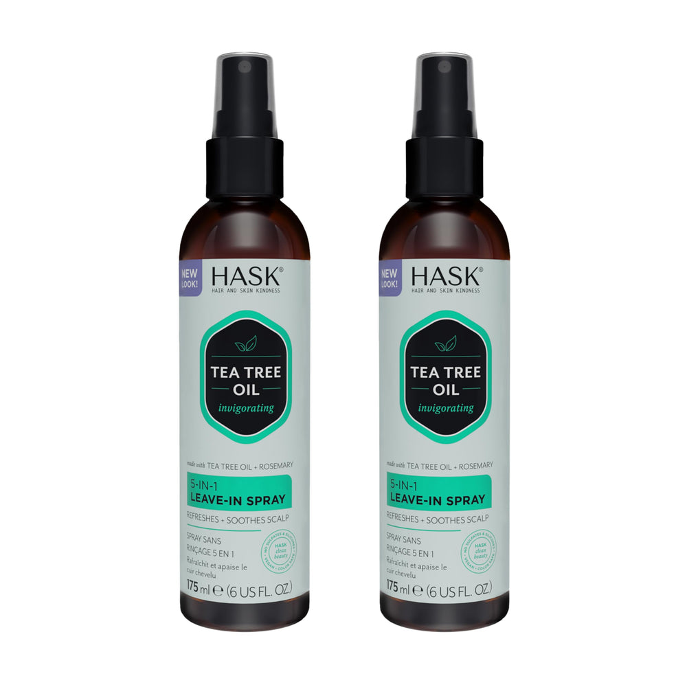 HASK Tea Tree Oil 5-in-1 spray bottle ready to detangle.