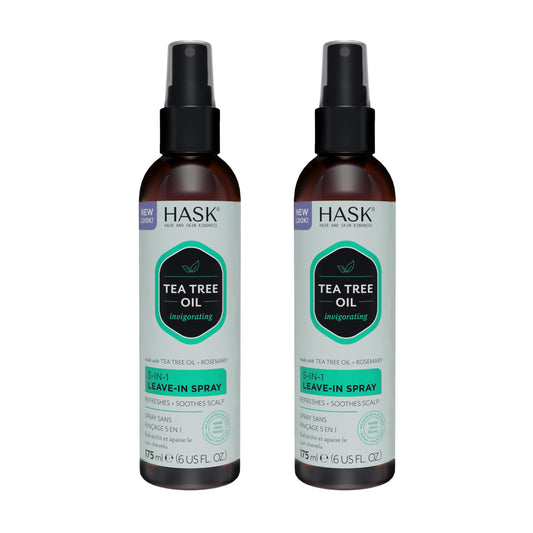 HASK Tea Tree Oil 5-in-1 spray bottle ready to detangle.