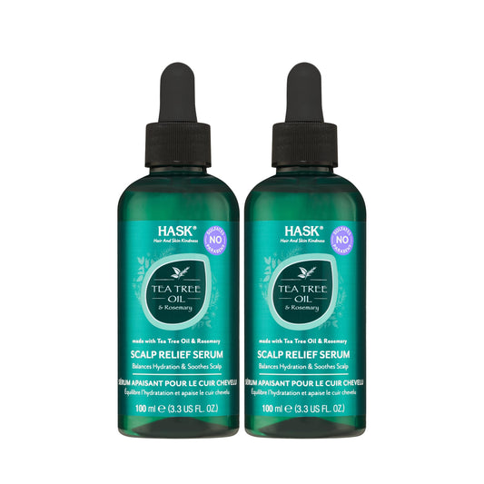 HASK Tea Tree Oil & Rosemary Scalp Relief Serum bottle promotes soothing, non-greasy scalp relief.