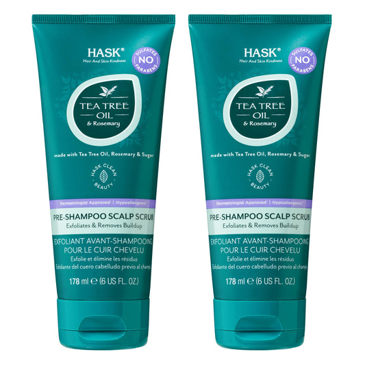 HASK bottle display shows the Tea Tree & Rosemary scrub, color-safe for all hair types.