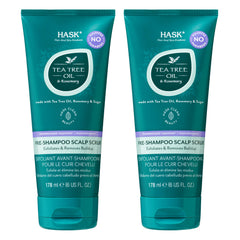 HASK bottle display shows the Tea Tree & Rosemary scrub, color-safe for all hair types.