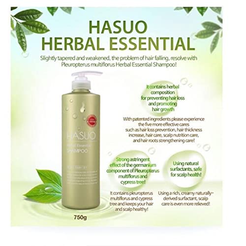 HASUO Herbal Essential Shampoo ingredients closeup reveals botanical blends for revitalizing care