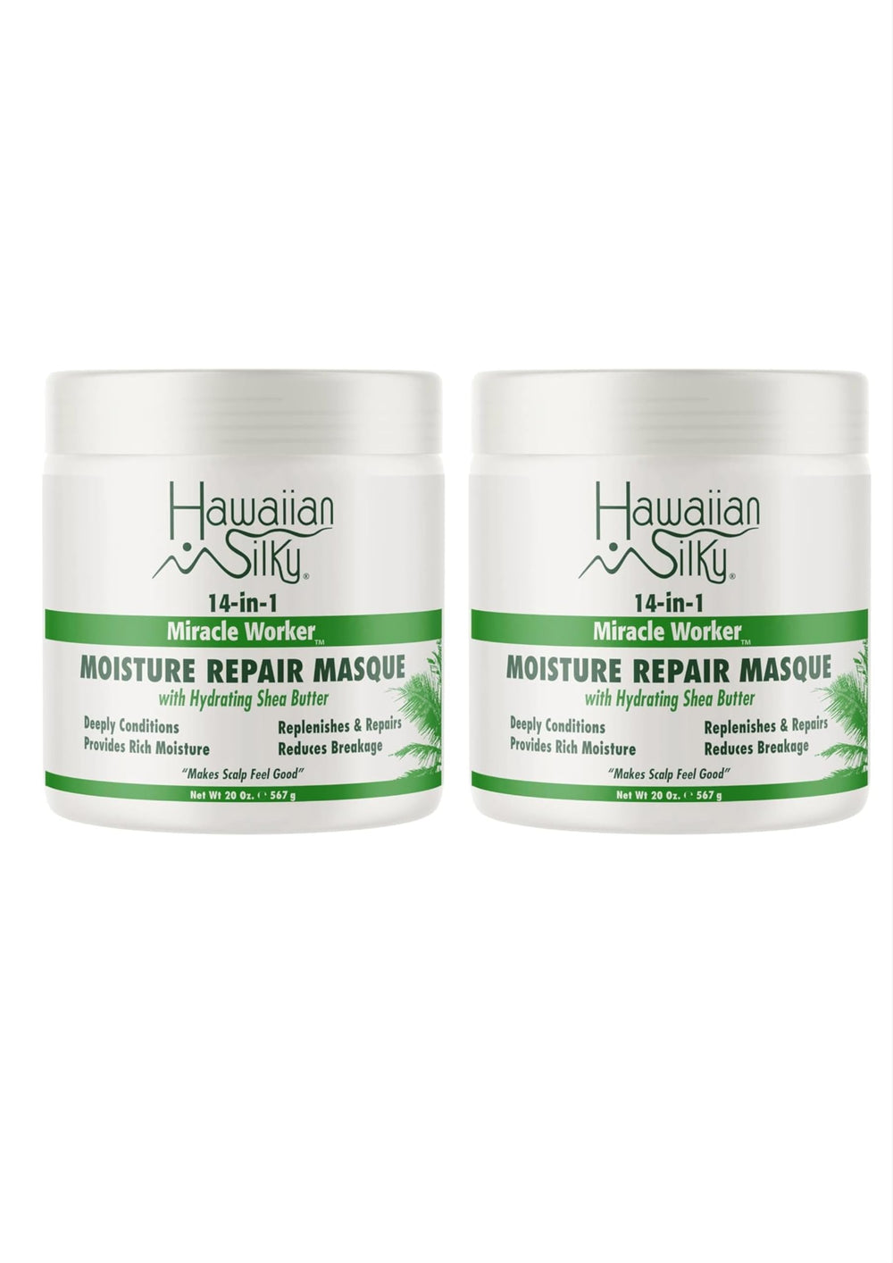 Hawaiian Silky Miracle Worker masque jar closeup with creamy formula for detangling.