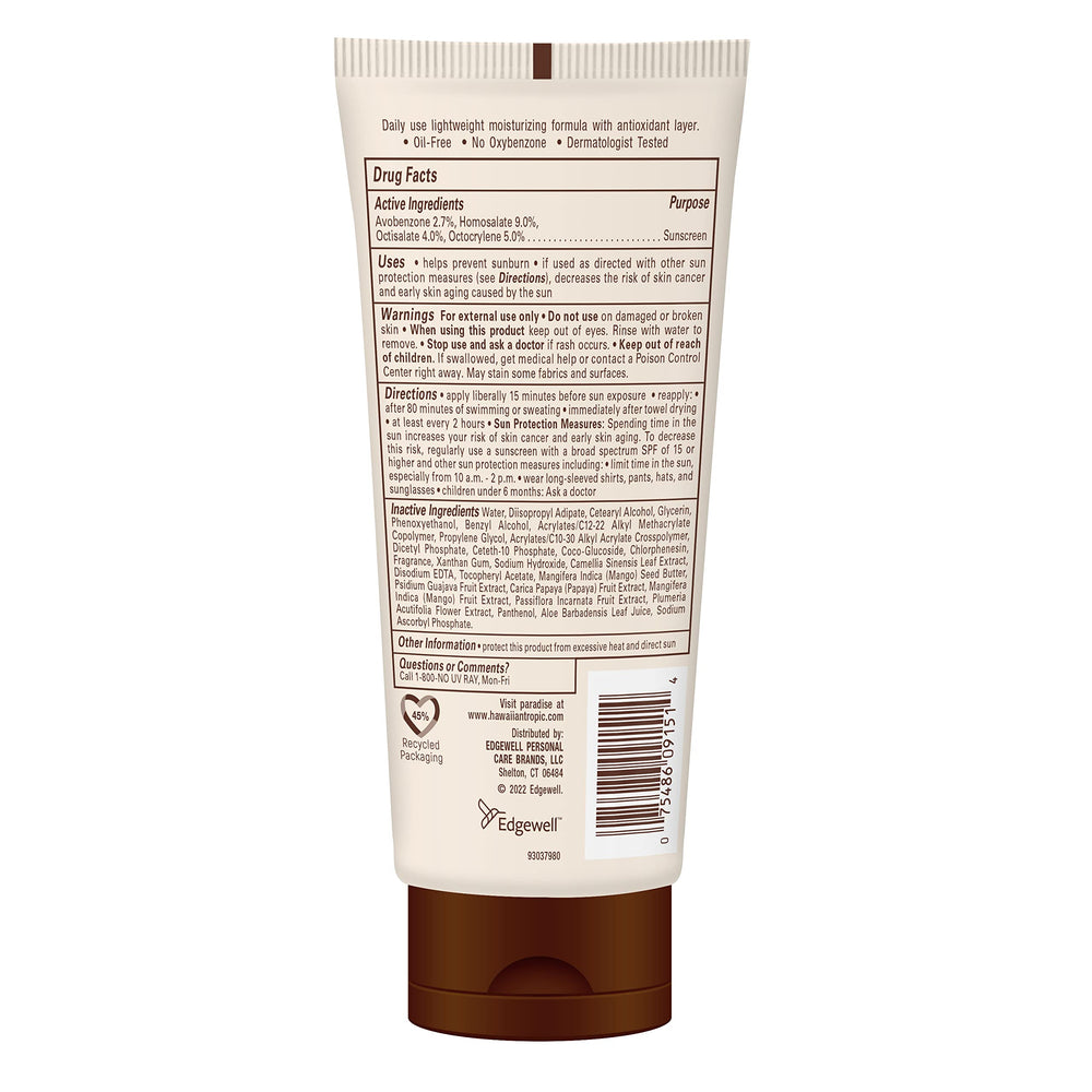 Hawaiian Tropic sunscreen lotion back label shows ingredients and cruelty-free claims.