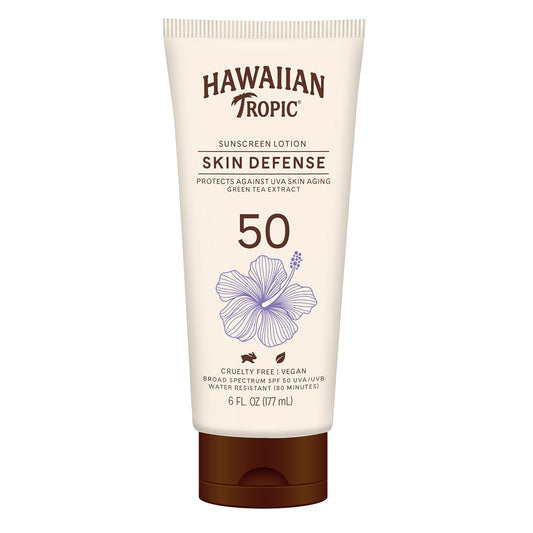 Hawaiian Tropic AntiOxidant Sunscreen Lotion front view demonstrating SPF 50 protection.