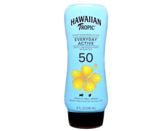 Hawaiian Tropic Everyday Active sunscreen bottle back label showing water resistance.