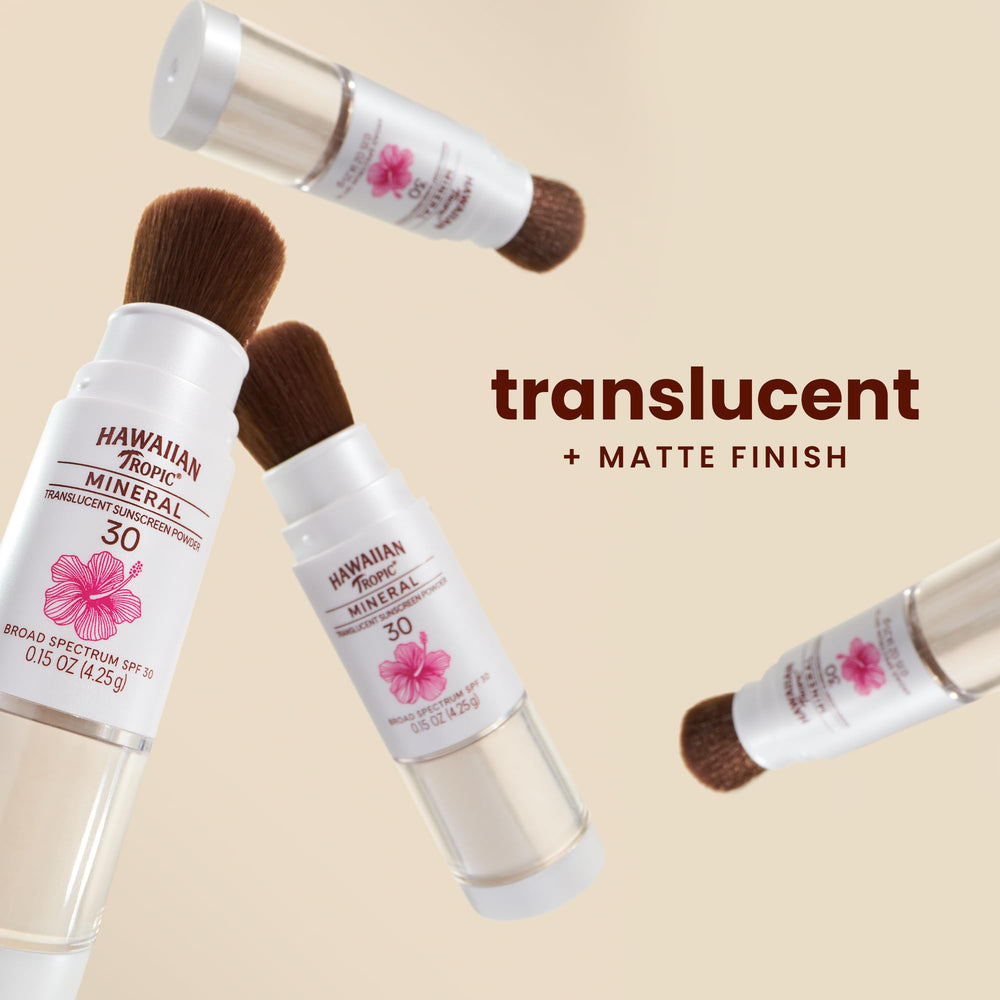 Hawaiian Tropic sunscreen powder brush packaging for on-the-go protection.