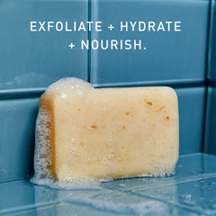 Hawthorne Exfoliating Bar Soap exfoliation closeup reveals textured grains for mild scrubbing.