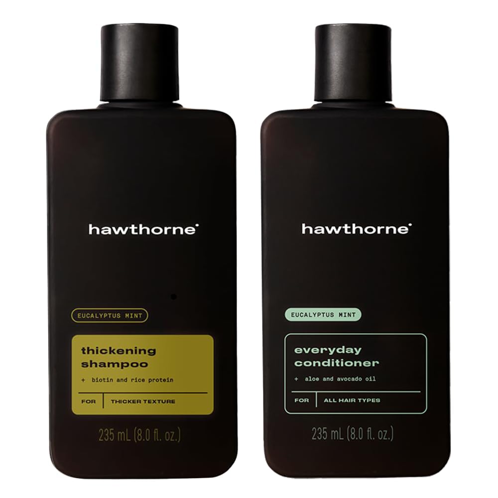 Hawthorne thicker hair shampoo bottle promotes fuller-looking hair.