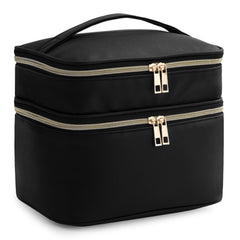 HBlife double-layer travel makeup bag in black, front view for stylish storage on the go.