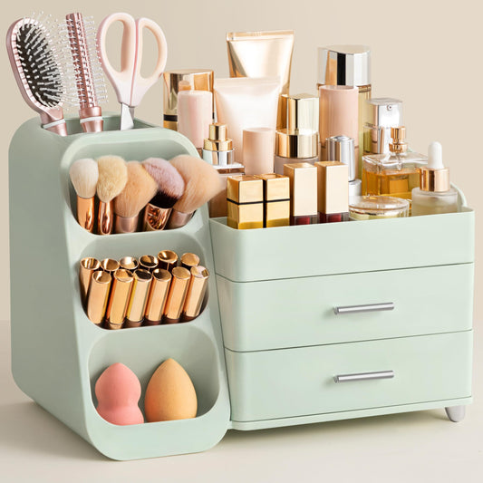 HBlife makeup organizer showing large capacity for brushes, palettes, and bottles.