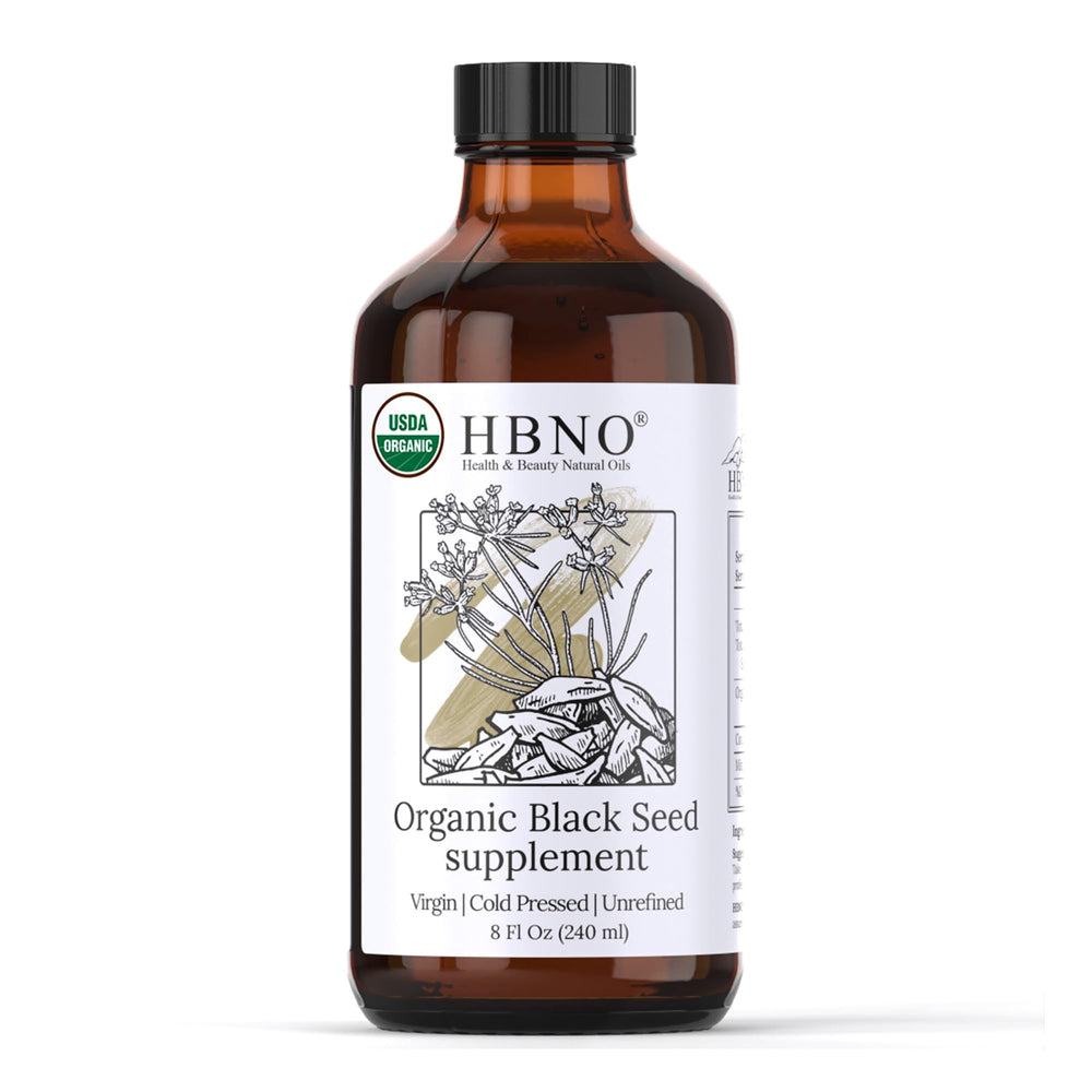HBNO Organic Black Seed Oil 8oz bottle for daily skin care and nourishment.