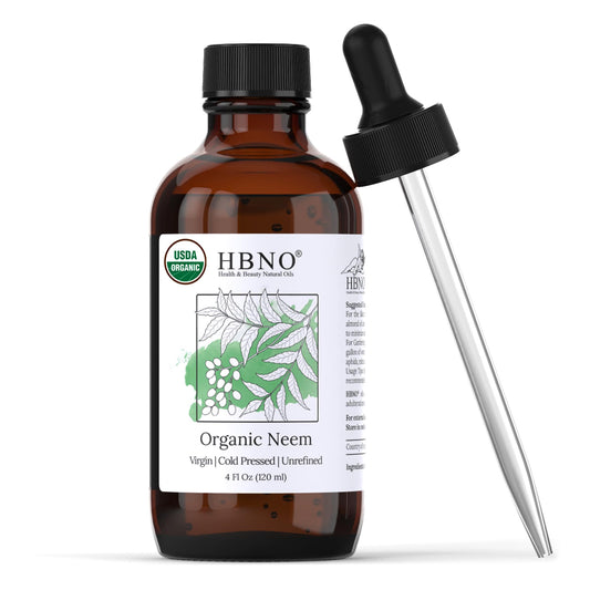 HBNO Organic Neem Oil 4oz bottle with dropper enables precise application.