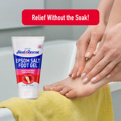 Heal&Rescue Epsom Salt Foot Gel on-foot application eases tired feet.