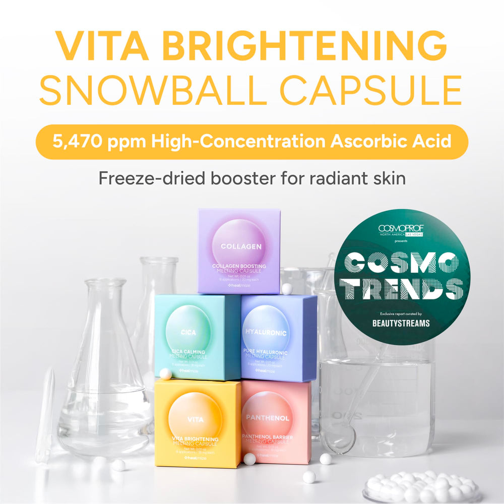 Healmize Vita Melting Snowball Capsule close-up with 5470ppm Vitamin C for brightening.